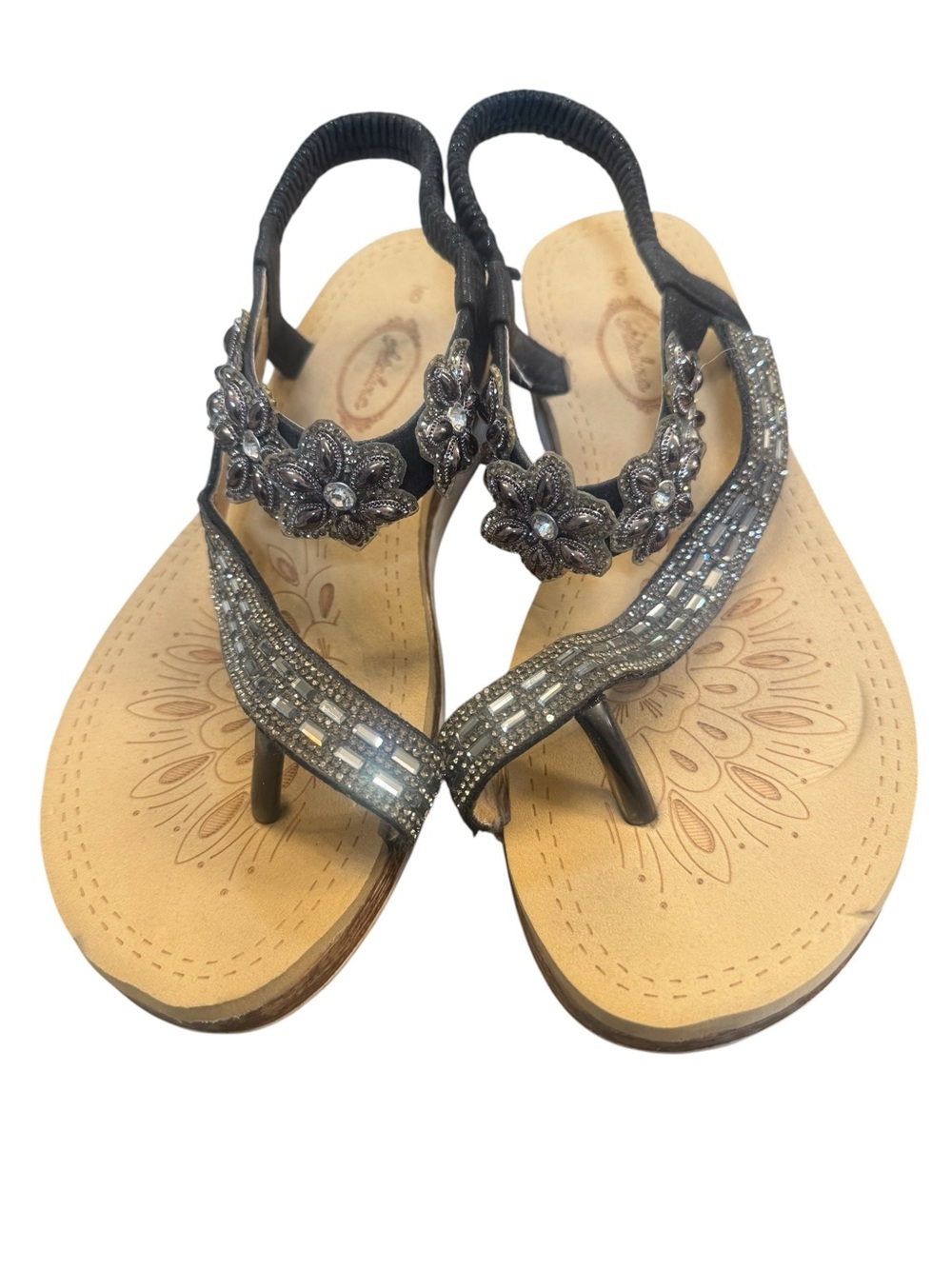 Atalina Black Rhinestone Wedge Sandals Size 8 Comfort Platform